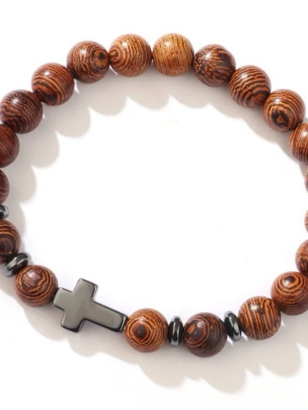 Wood Bead Cross Stretch Bracelet - Brown